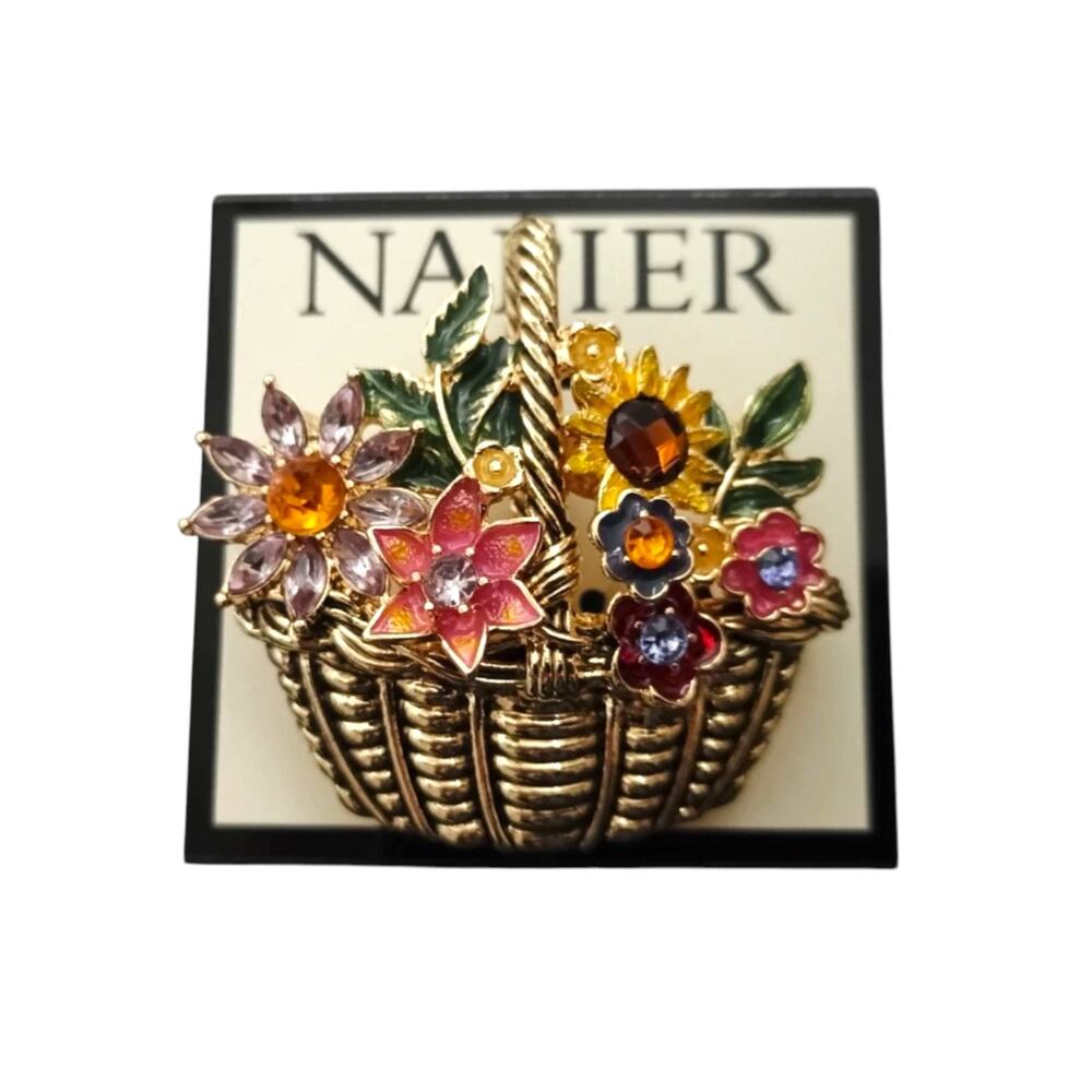 NAPIER Floral Basket Brooch Enamel Rhinestone Flower Pin on Card Fall Gold Tone - Picture 2 of 5